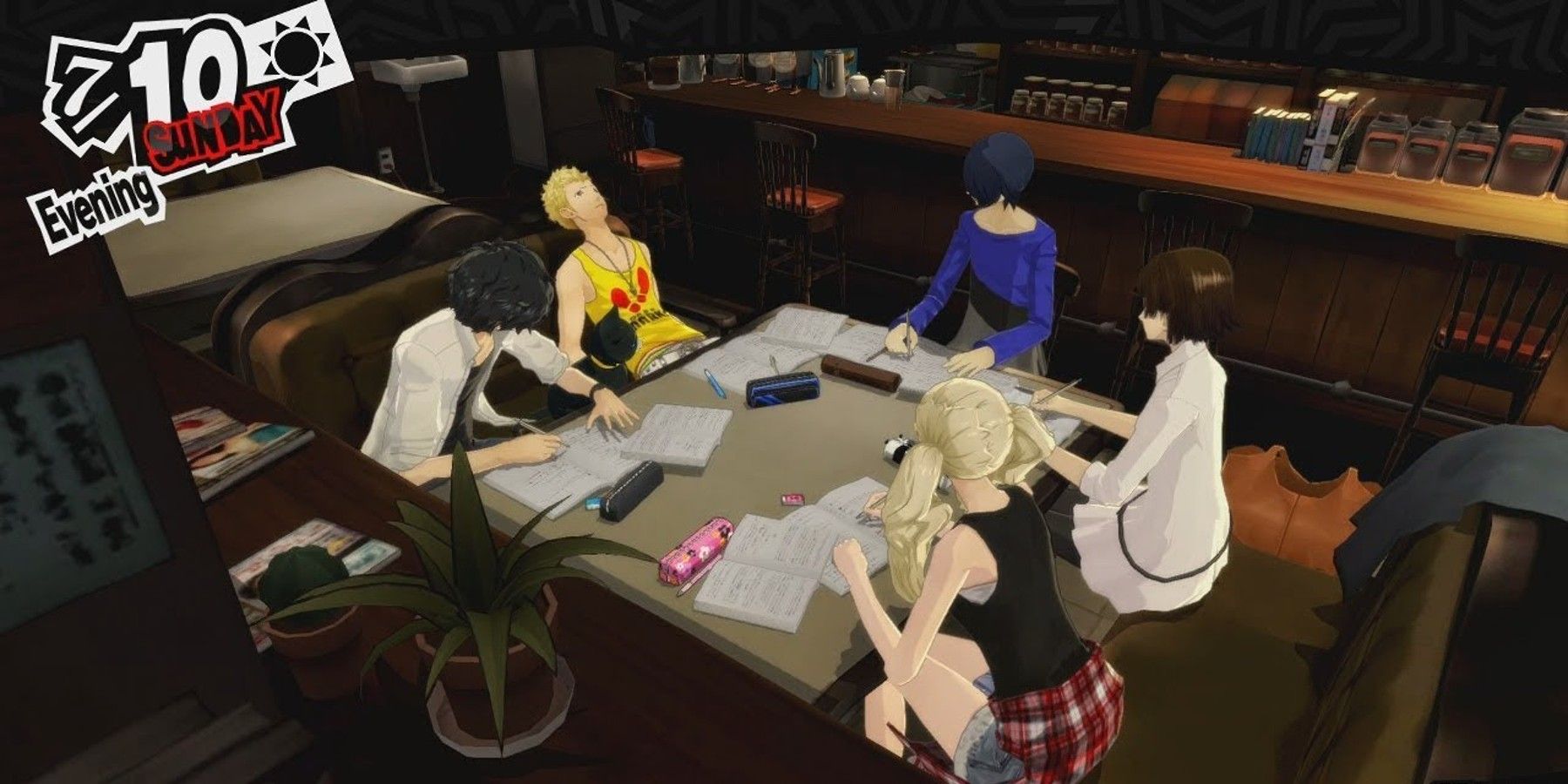Joker, Ryuji, Ann, Makoto y Yusuke de Persona 5 estudian en Leblanc
