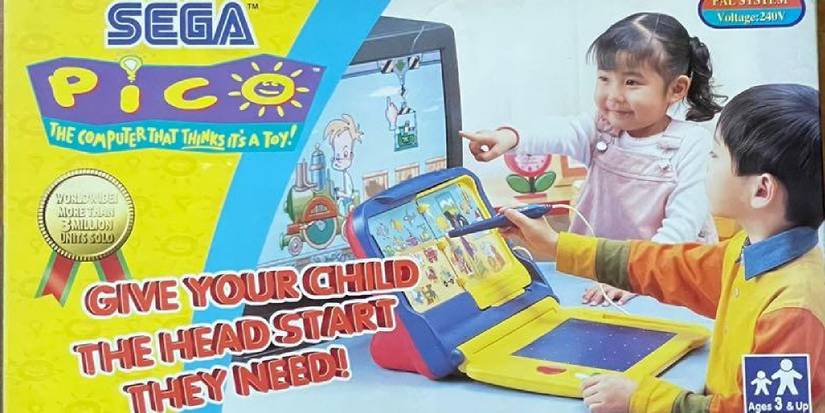 Kids playing with the Sega Pico on the official box art