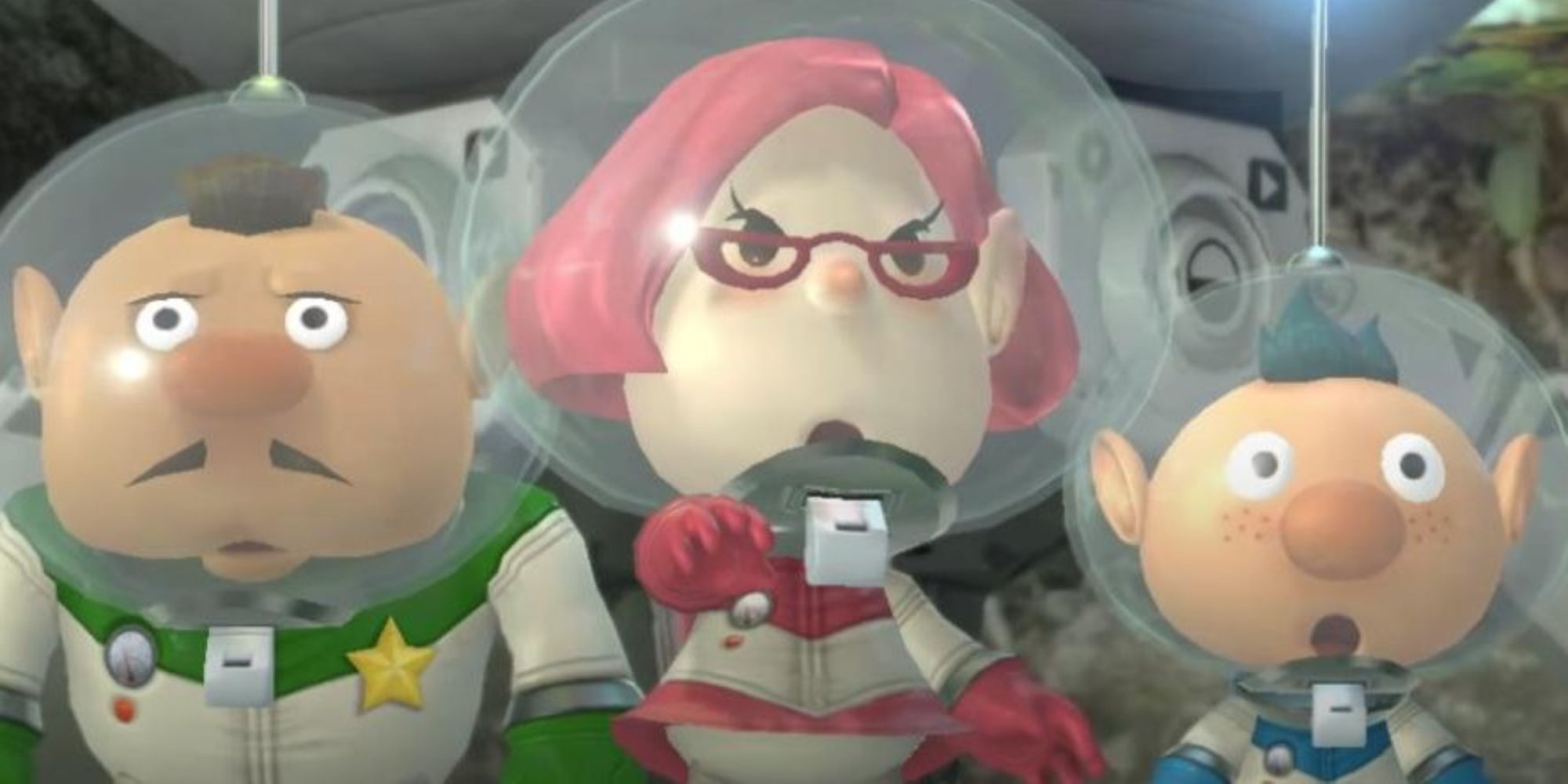 Charlie, Brittany, and Alph in a Pikmin 3 cutscene