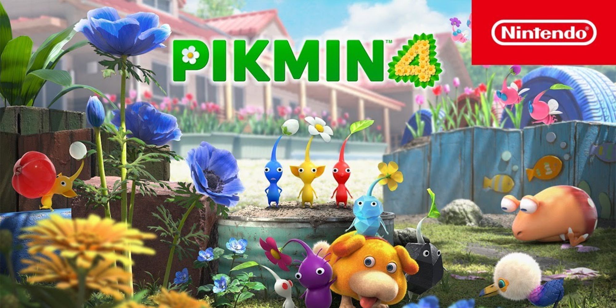 Pikmin 4 official cover, with a gathering of Pikmins peering out from a colorful garden