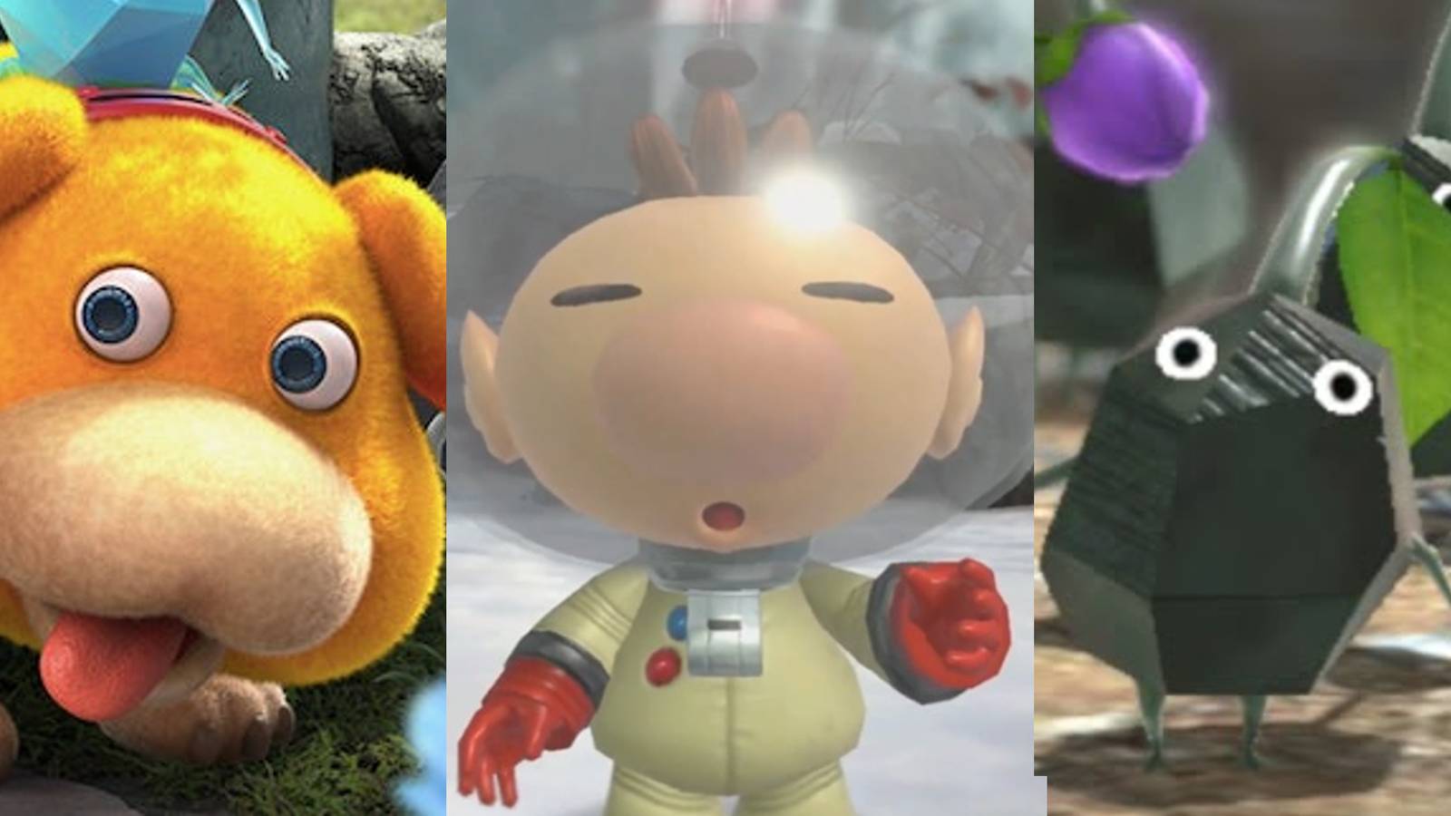 Oatchi in Pikmin 4 art; Olimar in Pikmin 3; Rock Pikmin in a group
