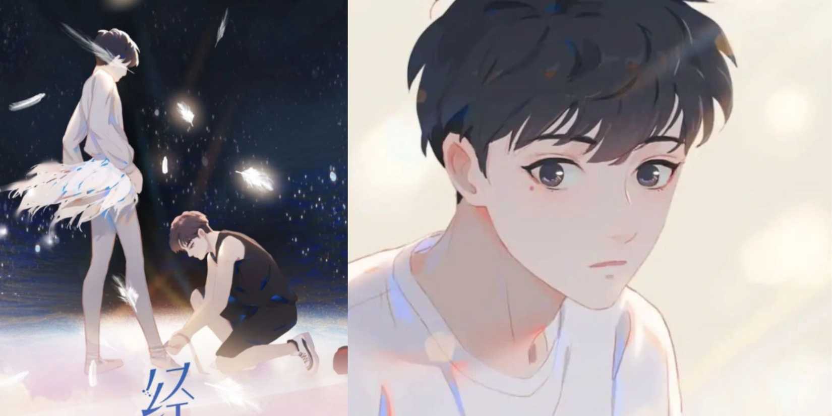 one boy, in gym clothes, ties the shoe of a boy in a ballet costume.  A black haired book looks towards us.