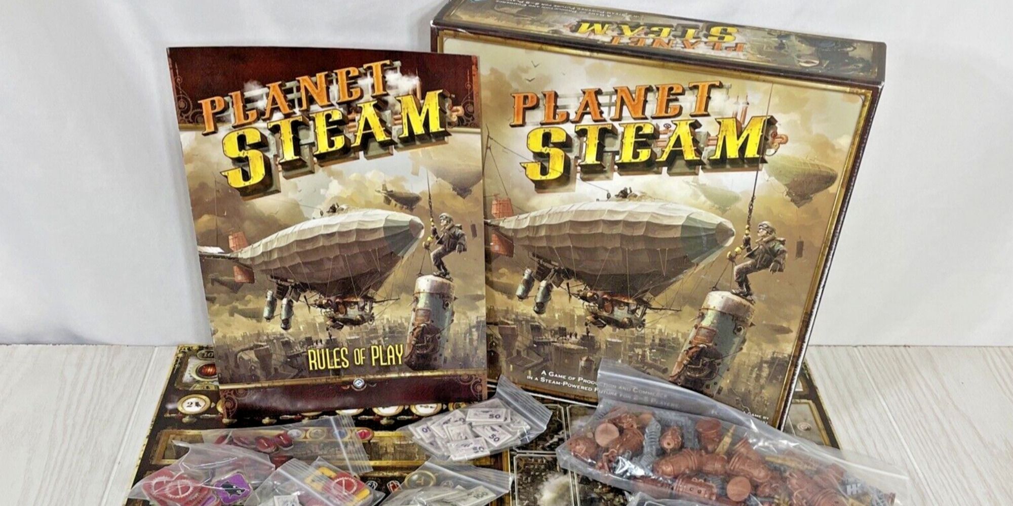 A board game unboxing of Planet Steam featuring steampunk-inspired machinery, resource tokens, and player pieces.