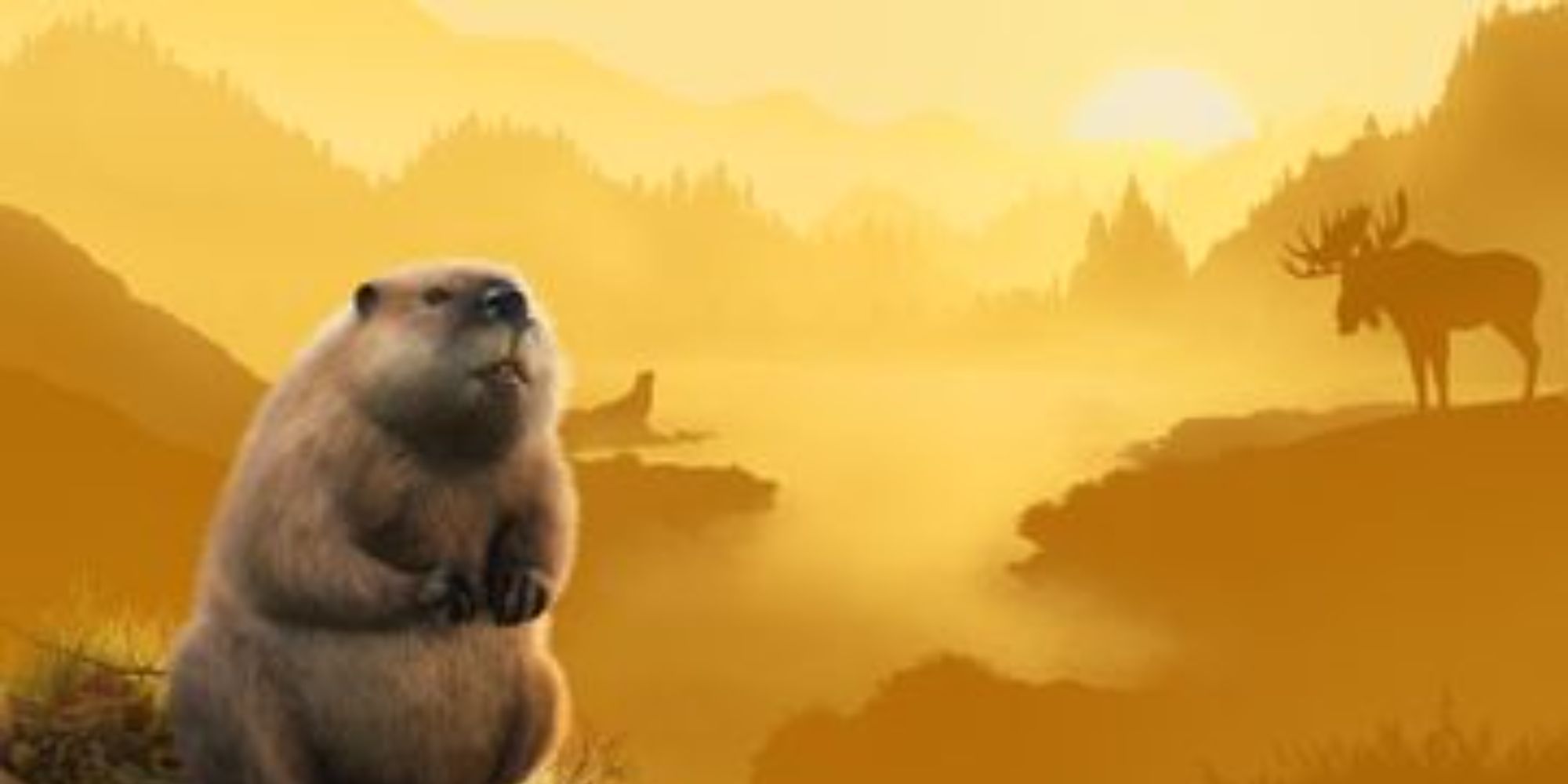 A prairie dog standing in front of a golden sunset in Planet Zoo