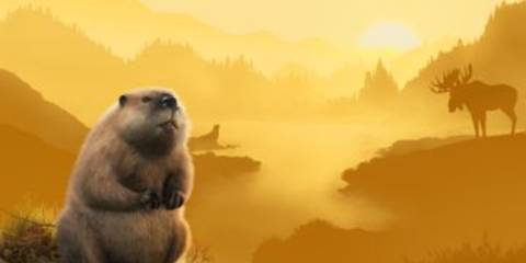 A prairie dog standing in front of a golden sunset in Planet Zoo