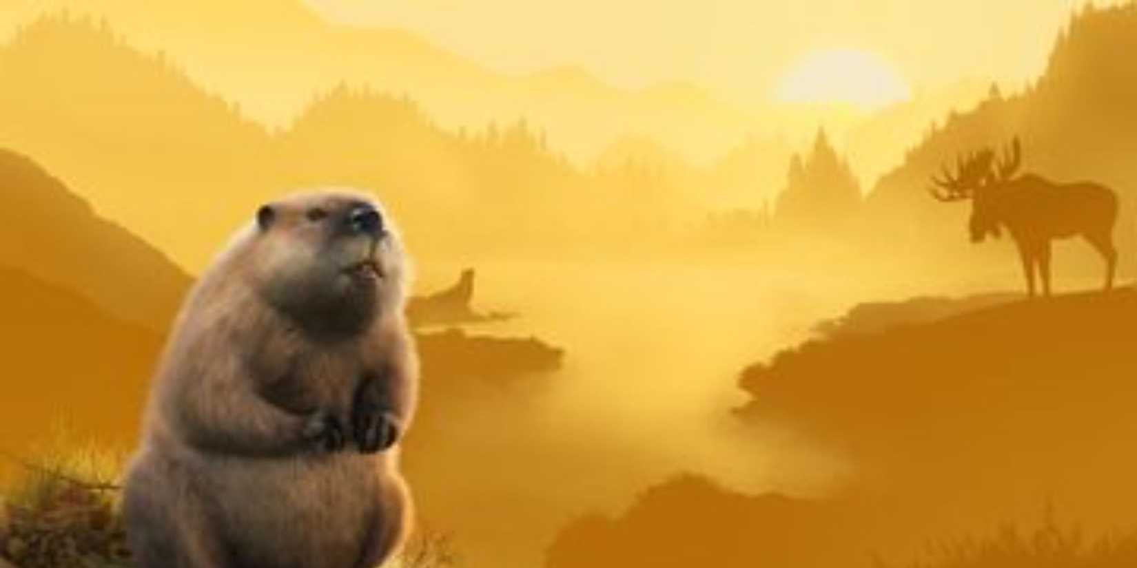 A prairie dog standing in front of a golden sunset in Planet Zoo