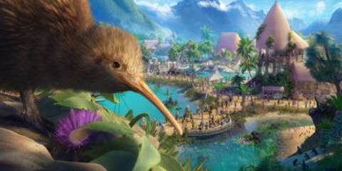 A kiwi dipping its head in front of a zoo in Planet Zoo