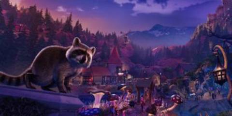 A raccoon crouching in front of a zoo Planet Zoo