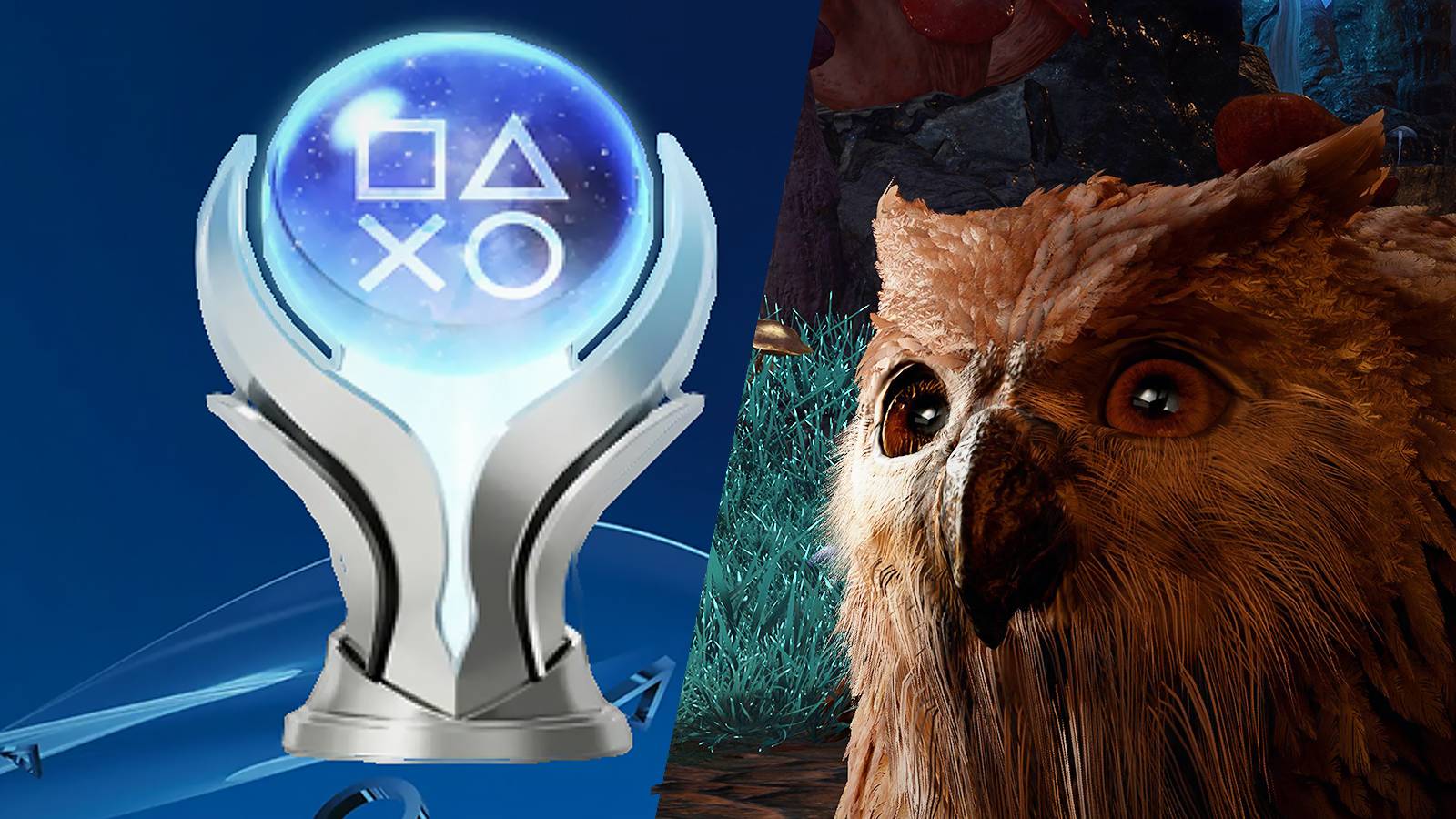 PlayStation platinum trophy next to Baldur's Gate 3 owlbear cub
