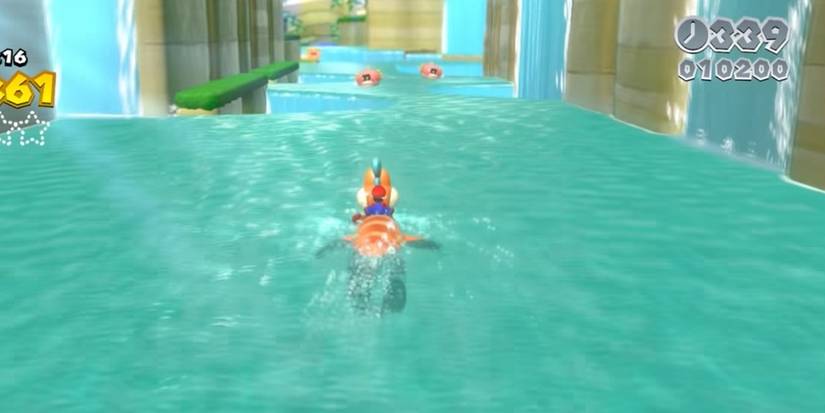 mario riding plessie down a rapid river in super mario 3d world