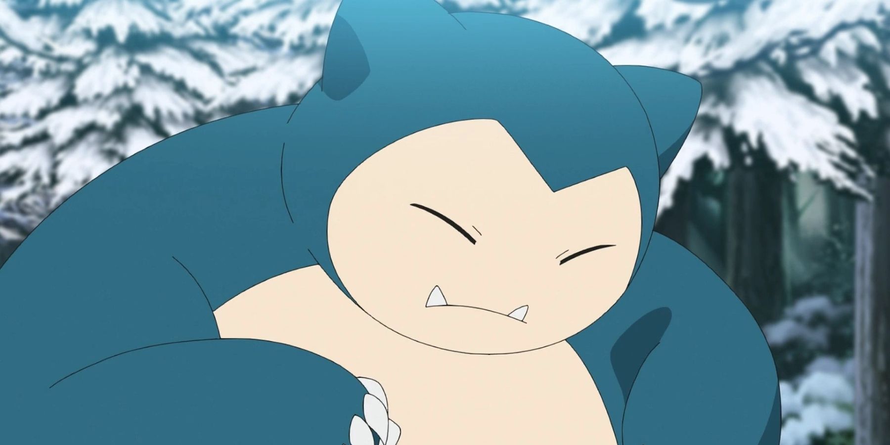 Snorlax sits in a snow-covered forest