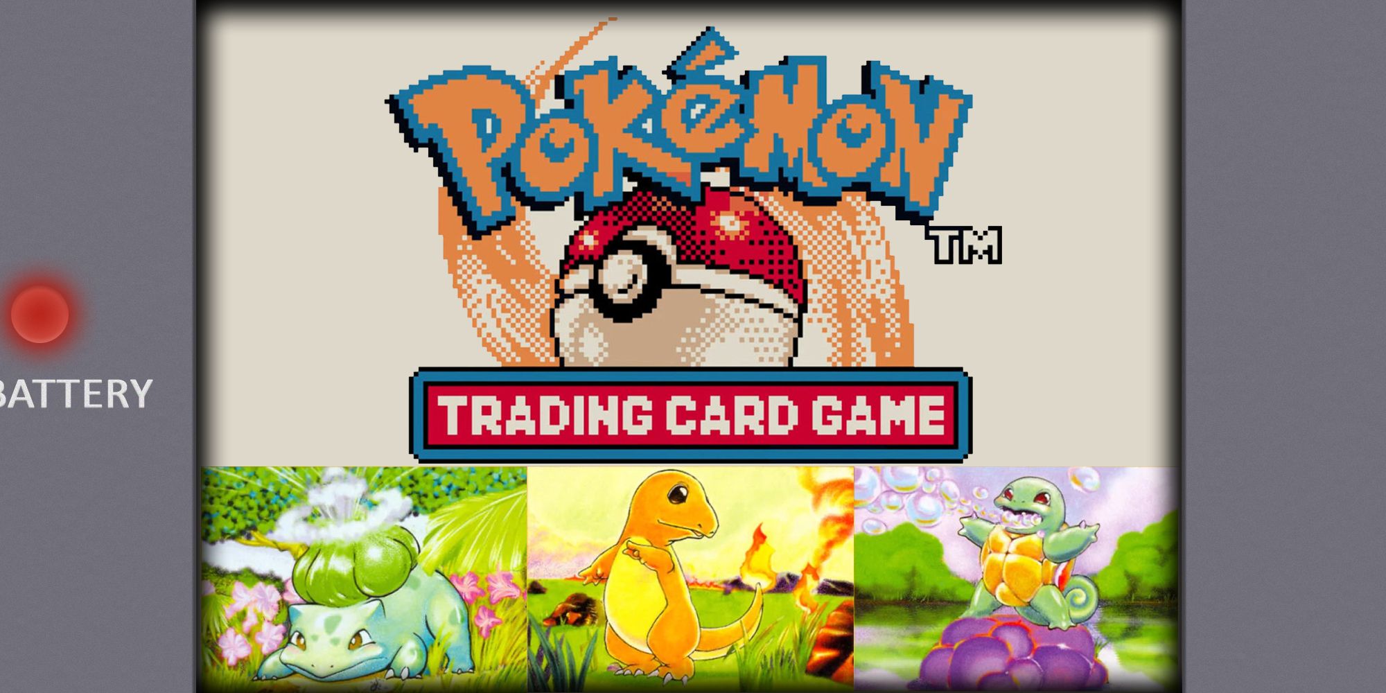 Pokemon Trading Card Game framed with a Game Boy border featuring card art of Bulbasaur, Charmander, and Squirtle
