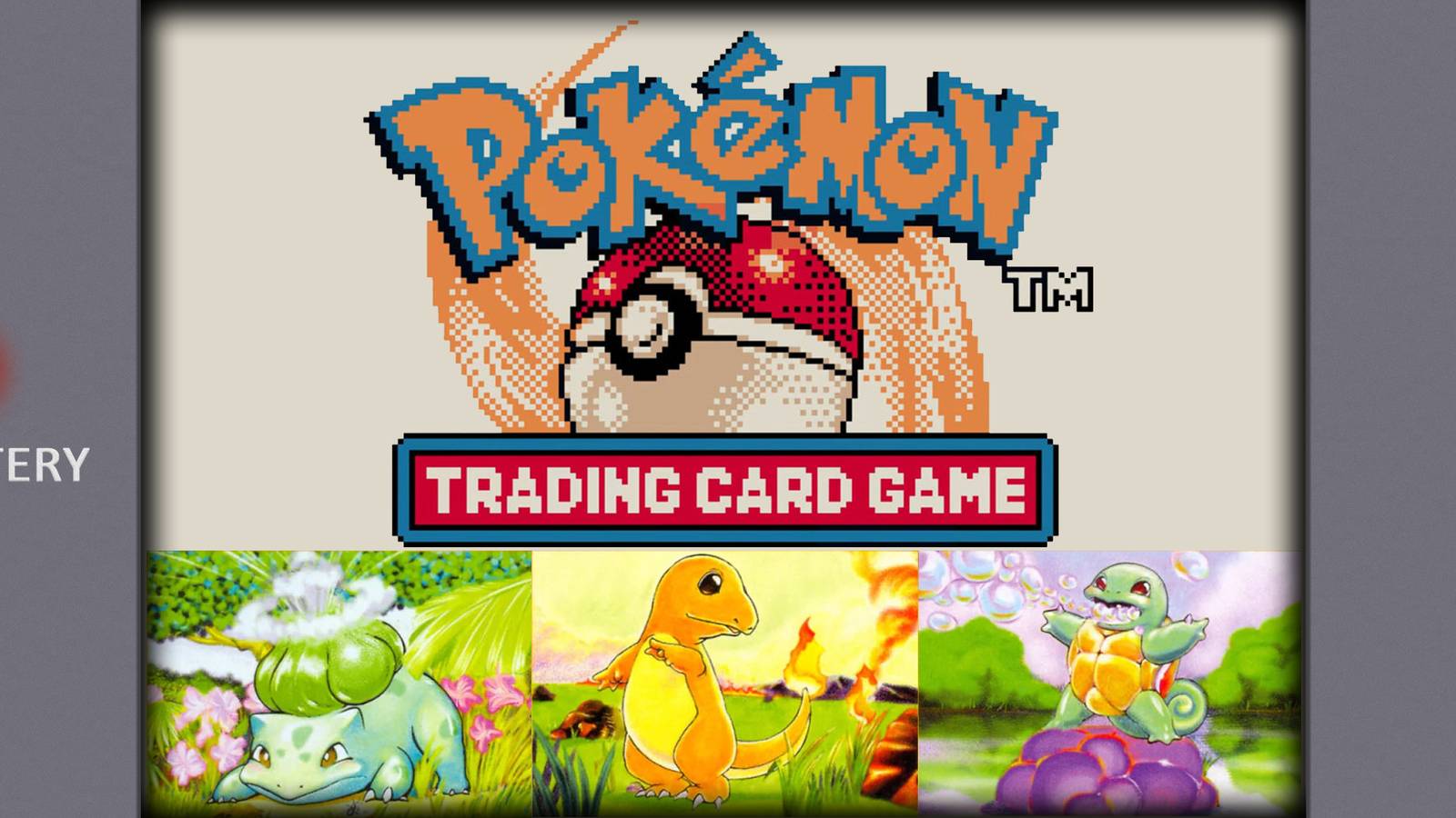 Pokemon Trading Card Game framed with a Game Boy border featuring card art of Bulbasaur, Charmander, and Squirtle