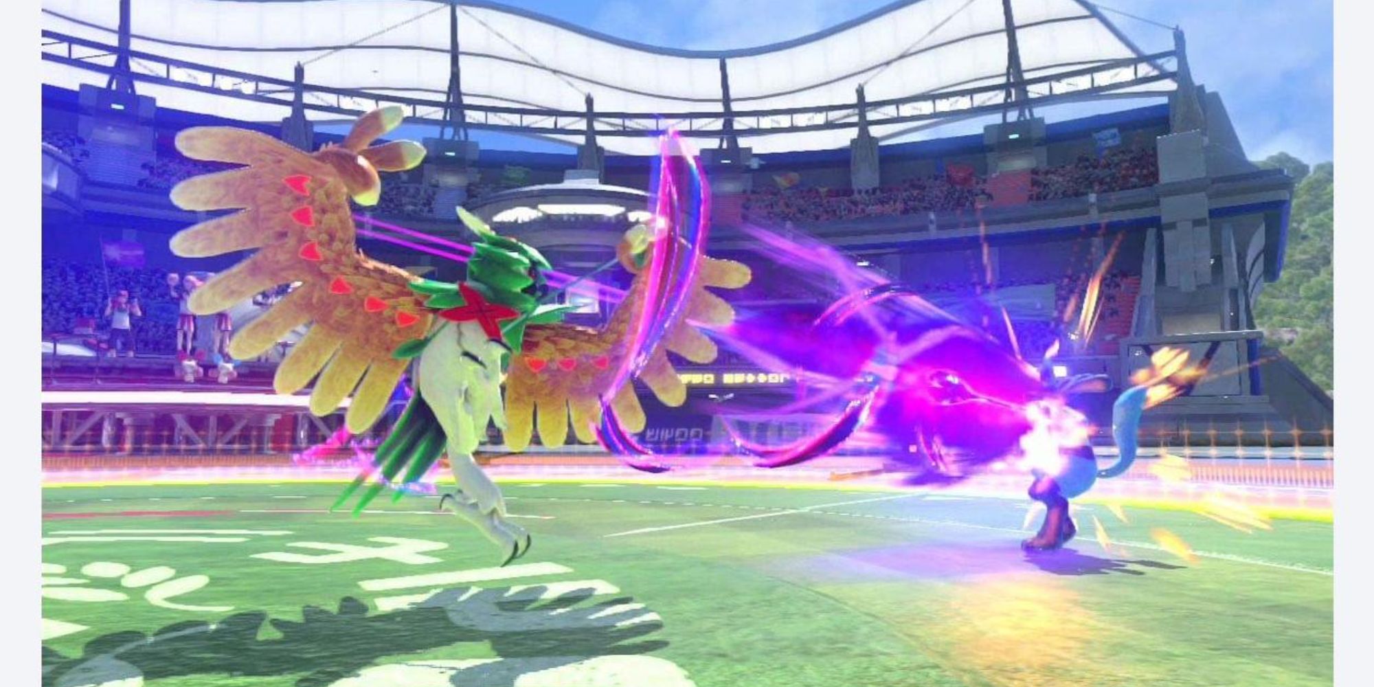 Decidueye attacking Lucario in a stadium