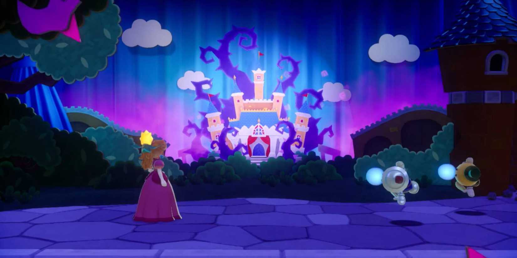 Princess Peach looking at a castle in the background in Princess Peach Showtime