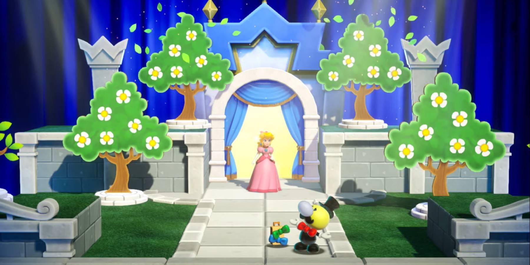 Princess Peach in front of a prop castle in Princess Peach Showtime