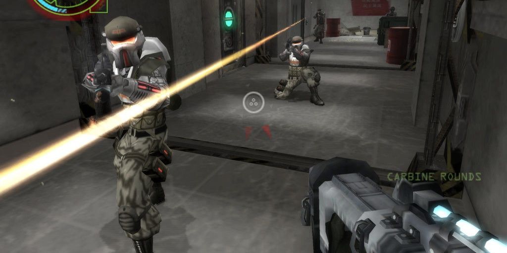 Protagonist Nathan Frost battles three enemy solders in a corridor, one stray bullet flying close to him