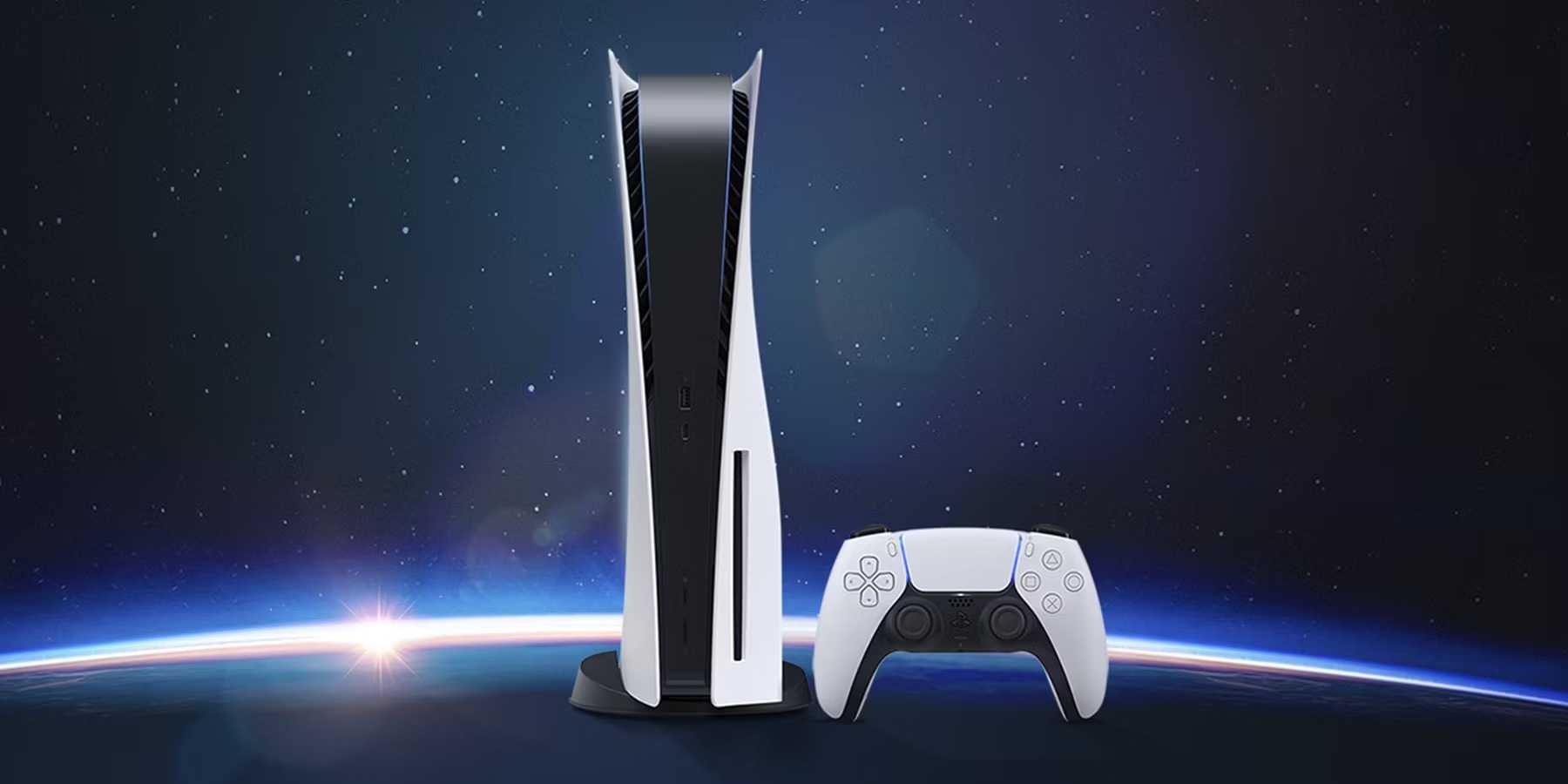 ps5 console and controller with planet in background