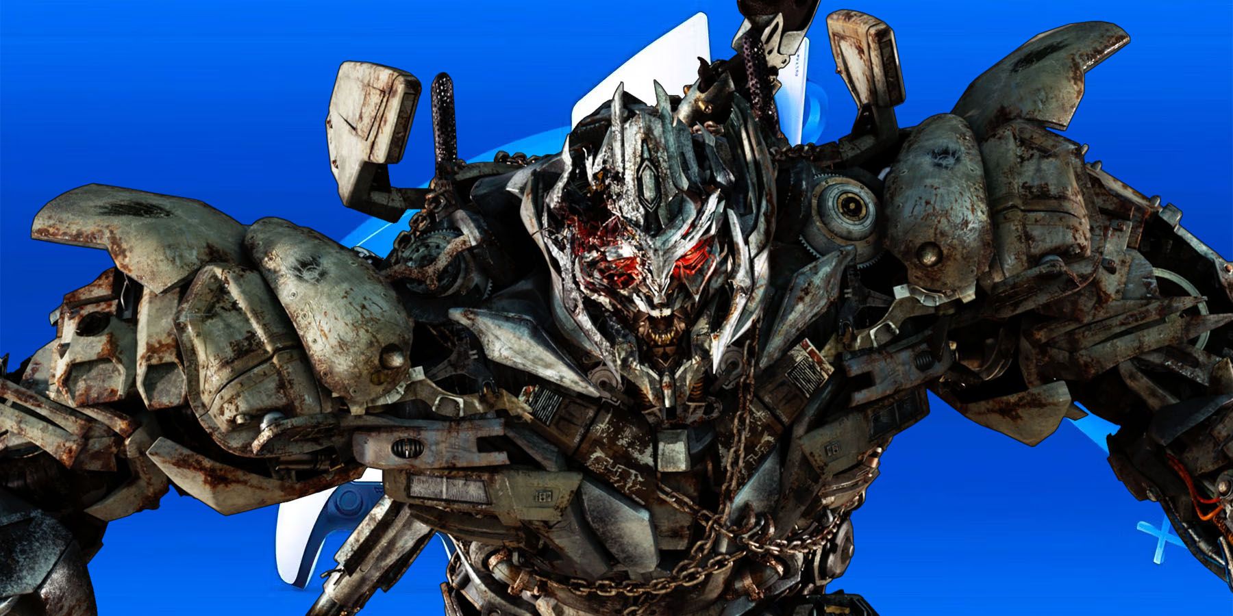An image of Megatron from Transformers: Dark of the Moon placed in front of a PlayStation 5 against a blue background.