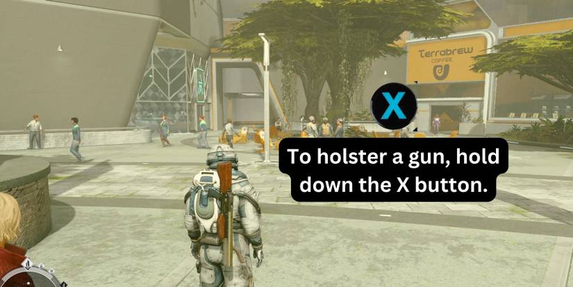 image explaining how to holster a gun in starfield.