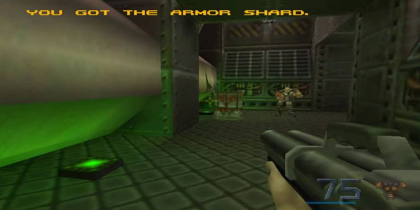 An industrial setting with a large pipe, barrel, enemy, and a shotgun