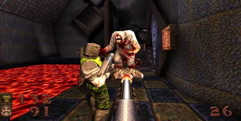 Ranger and an ally shooting a shambler near some lava