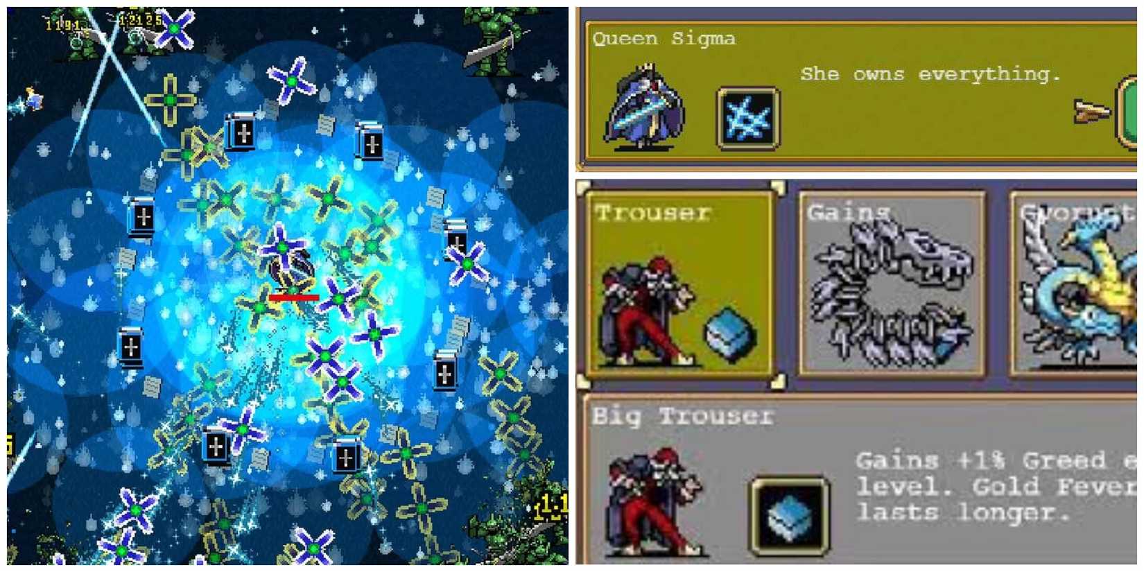 Queen Sigma and Big Trousers in Vampire Survivors