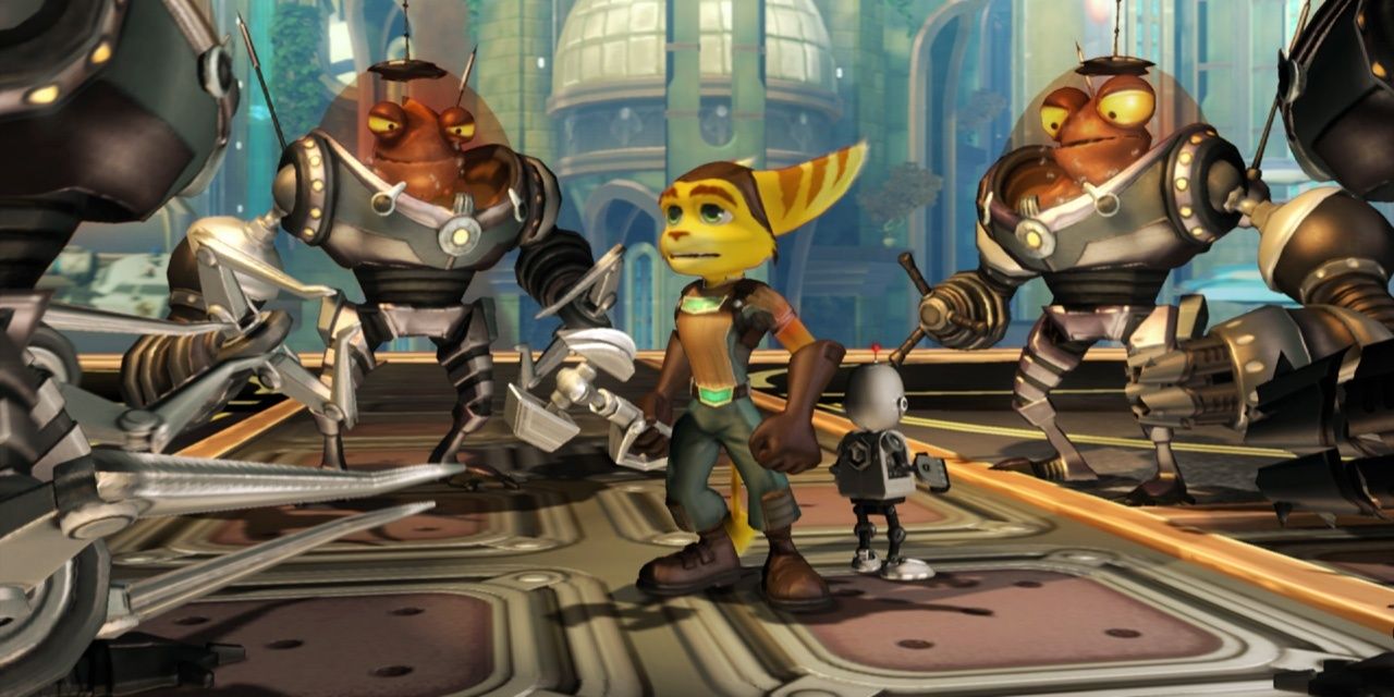 Ratchet and Clank surrounded by other aliens in Ratchet And Clank: Tools of Destruction