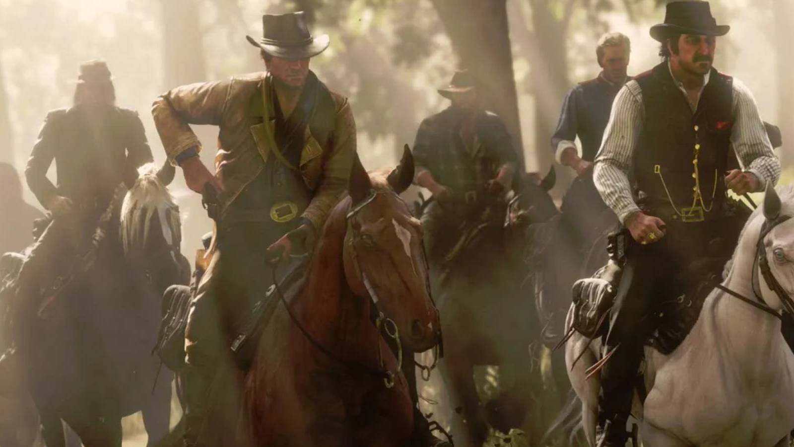 The Van Der Linde gang riding horses in Red Dead Redemption 2