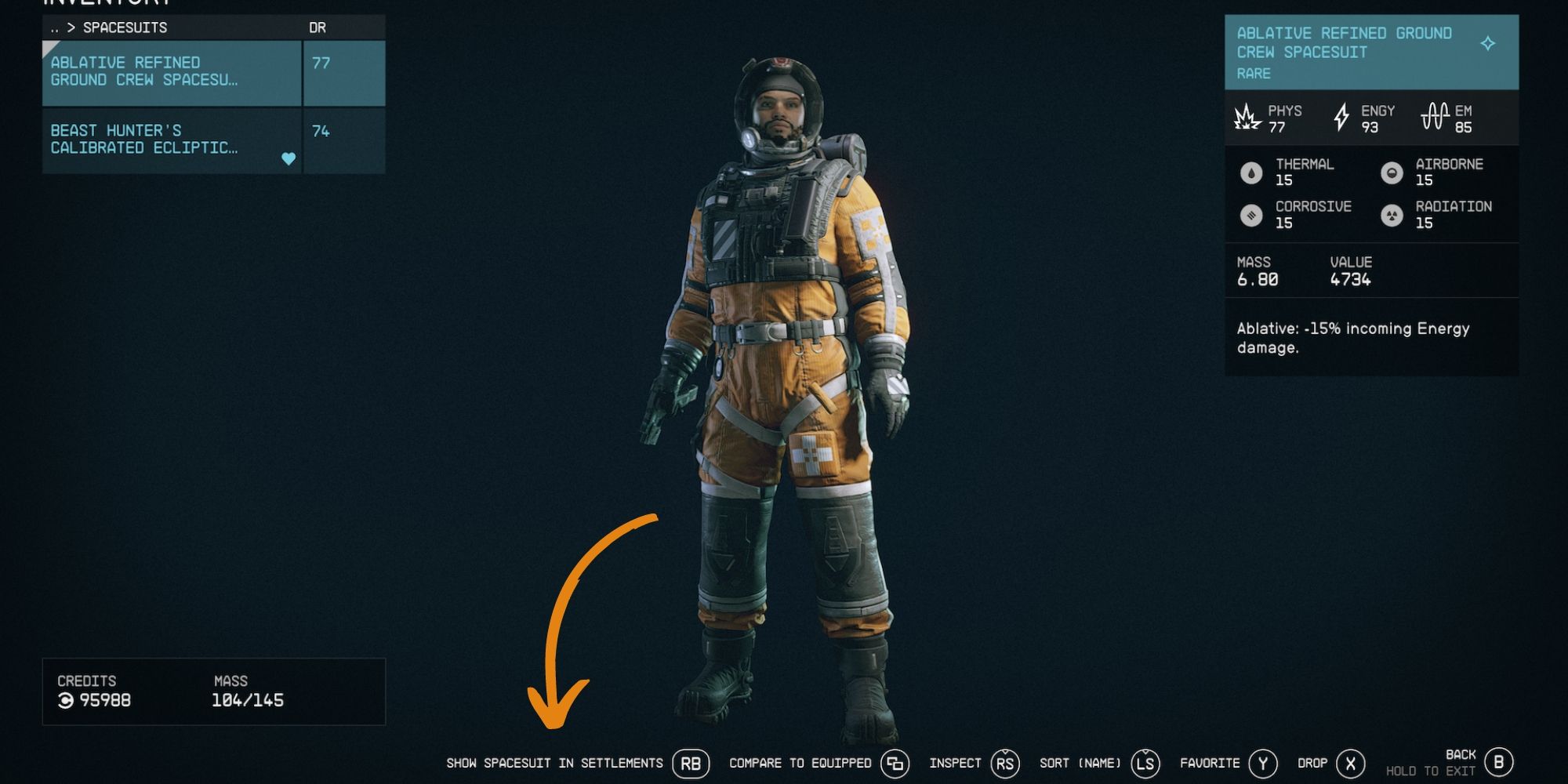 The Inventory menu of Starfield showing where you can toggle automatic removal of player spacesuits