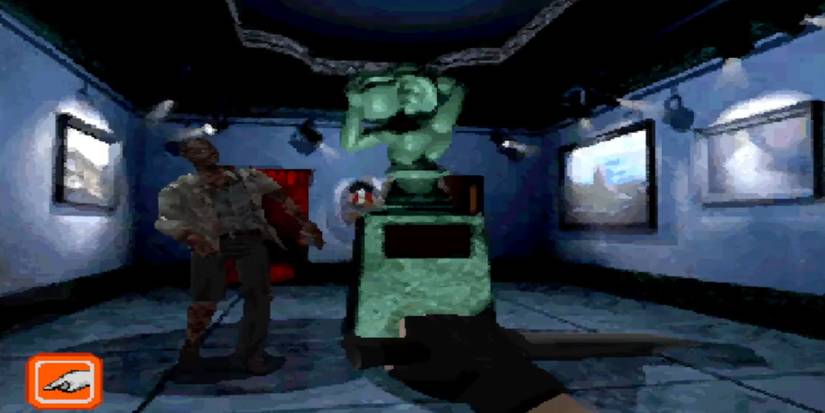 A zombie in a room full of art and a statue, with a hand holding a knife