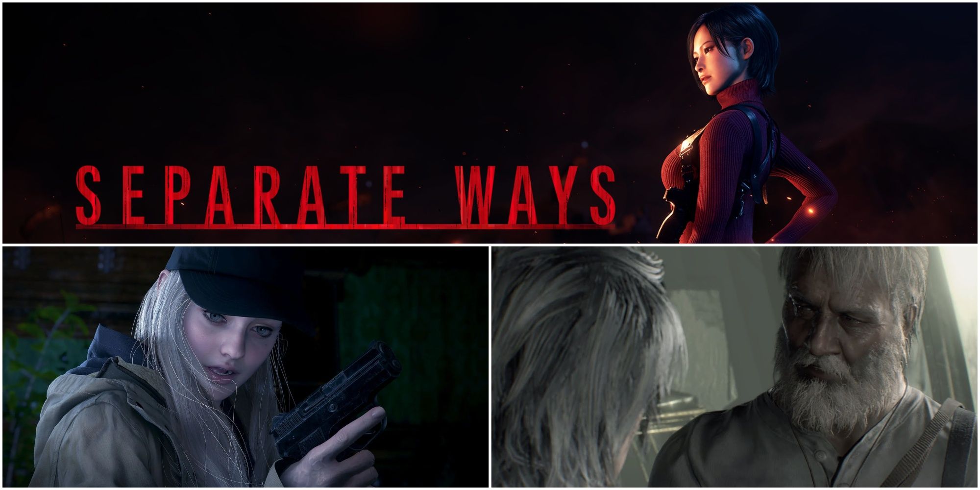 Split image showing Ada Wong, Rose and Joe Baker in multiple DLCs in Resident Evil.