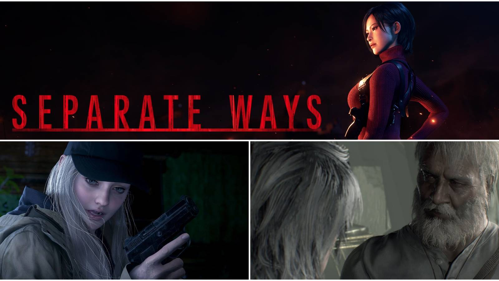 Split image showing Ada Wong, Rose and Joe Baker in multiple DLCs in Resident Evil.