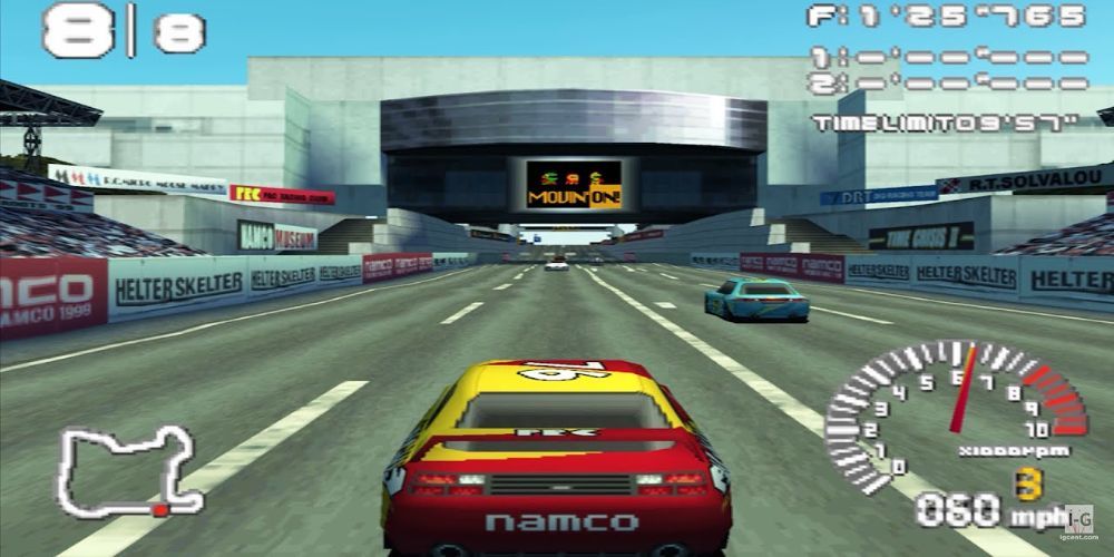 A red and yellow car racing in R4: Ridge Racer Type 4 