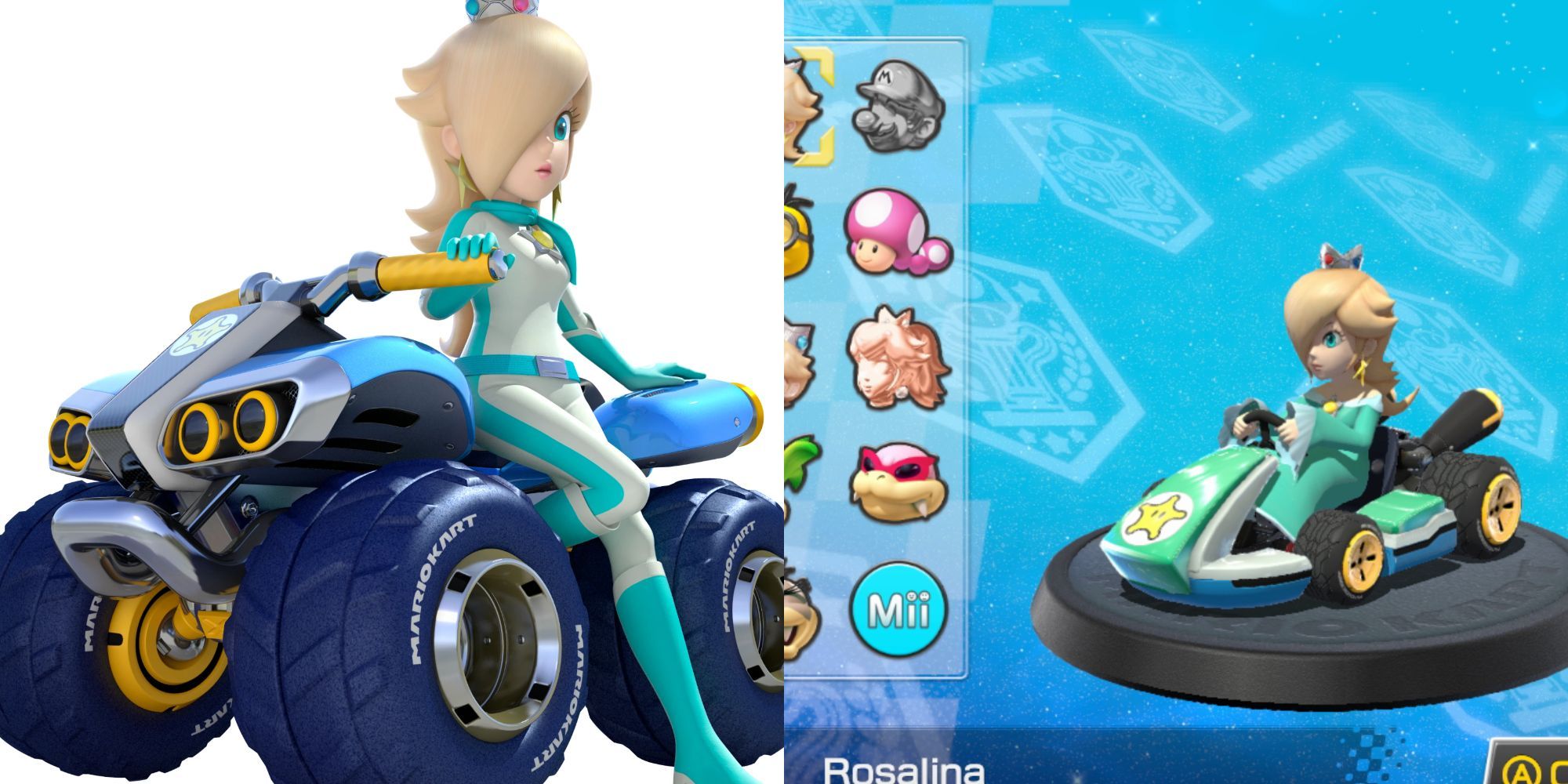 Rosalina in a car and on a bike in Mario Kart