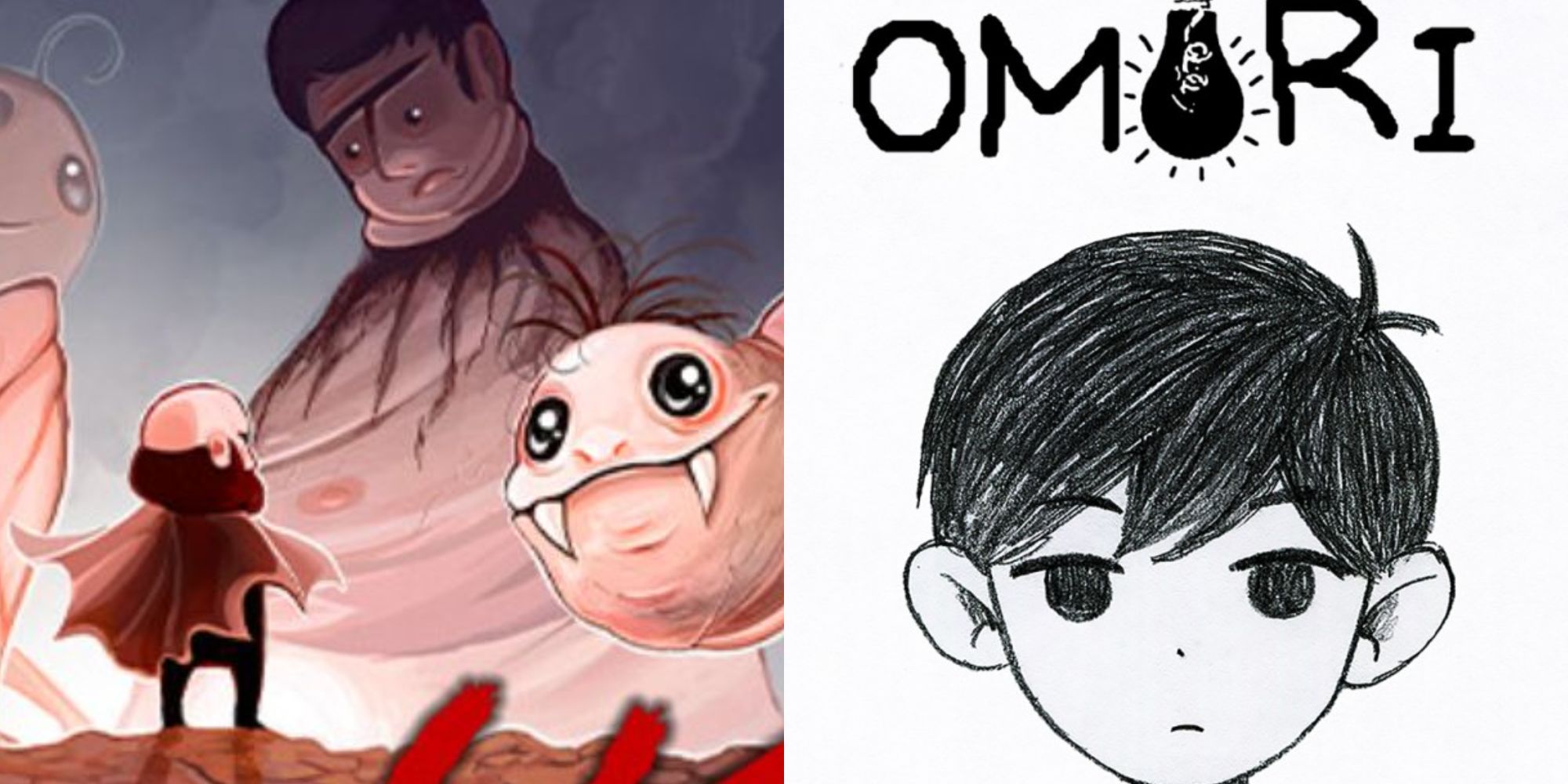 The cover of Lisa: The Painful, which has a small man being overshadowed by frightening mutants, next to the cover of Omori, which is a black and white boy with an sad face