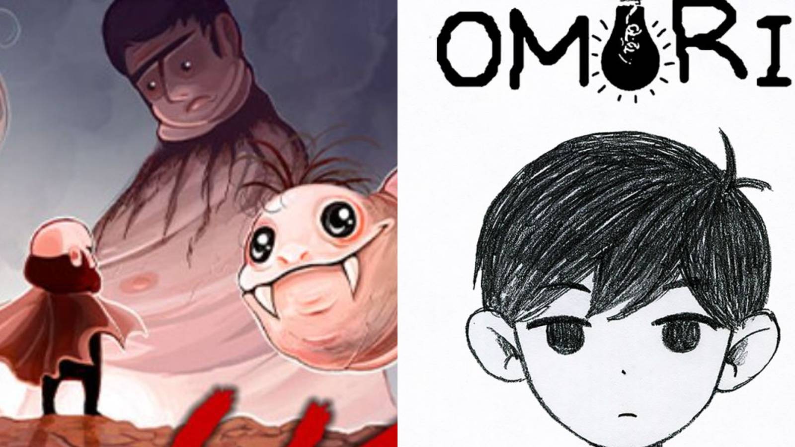 The cover of Lisa: The Painful, which has a small man being overshadowed by frightening mutants, next to the cover of Omori, which is a black and white boy with an sad face