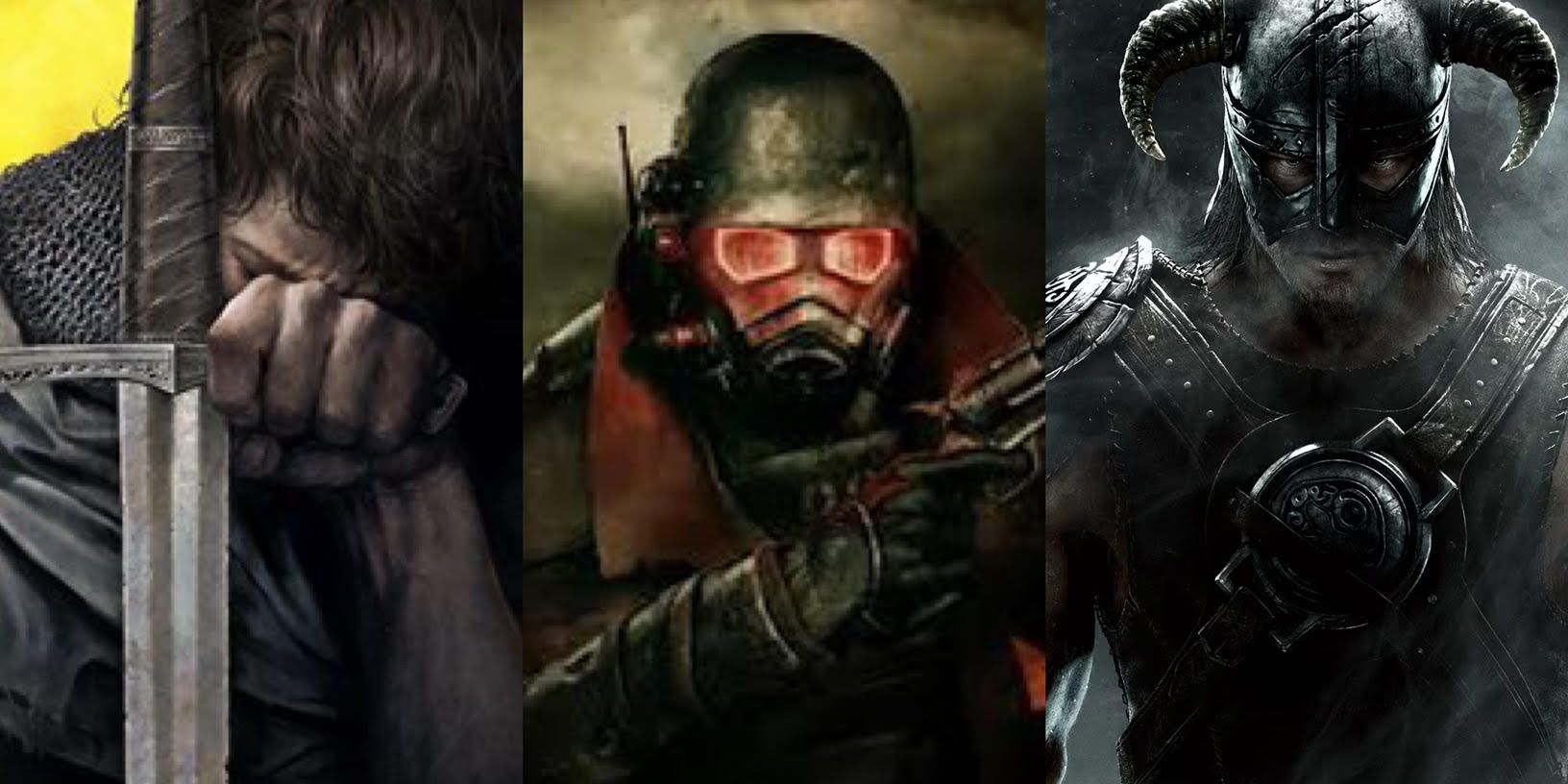Kingdom Come: Deliverance (esquerda), Fallout: New Vegas (centro), The Elder Scrolls V: Skyrim (direita)