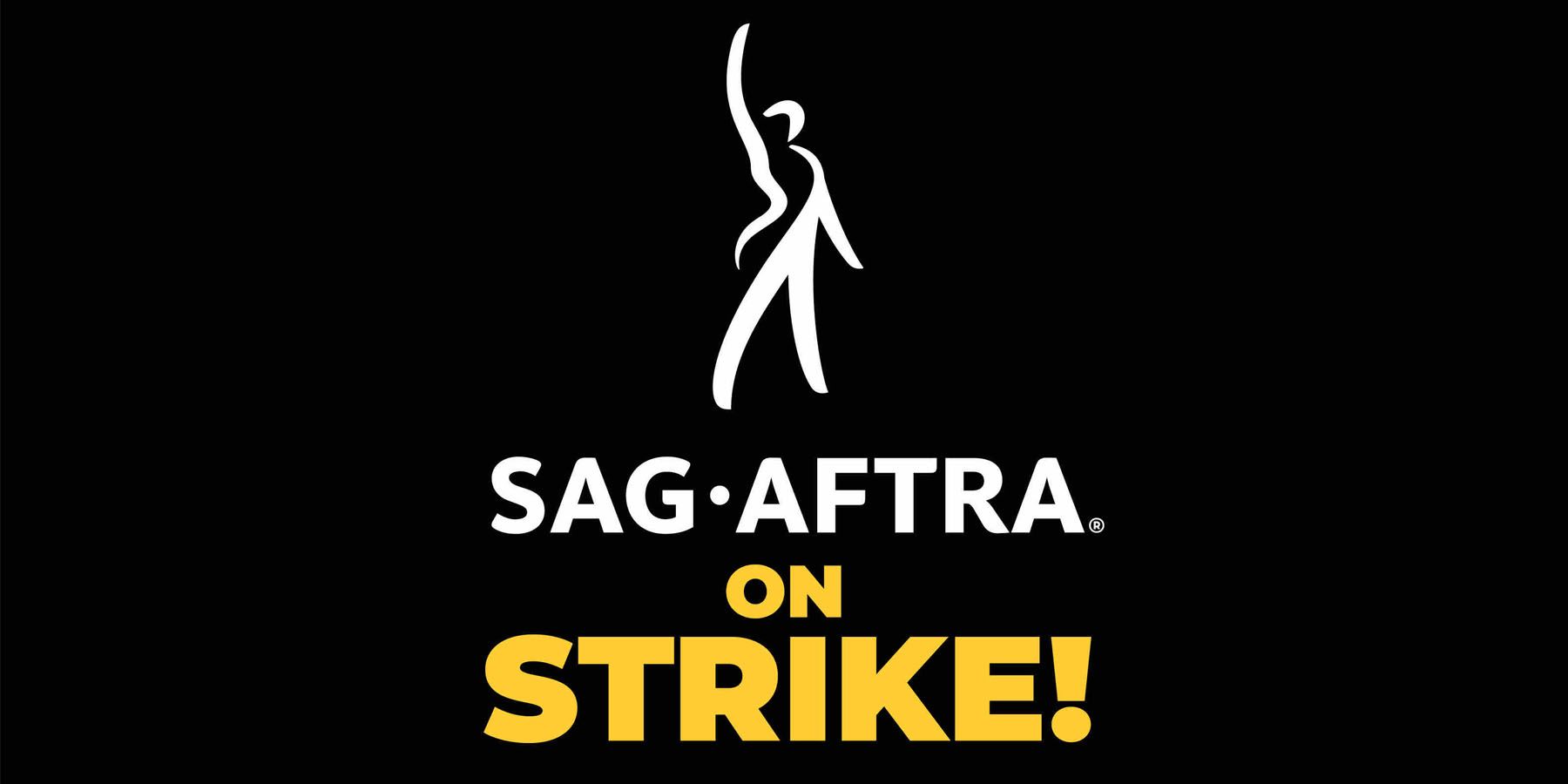 An image of the white and yellow SAG-AFTRA strike logo against a black background.