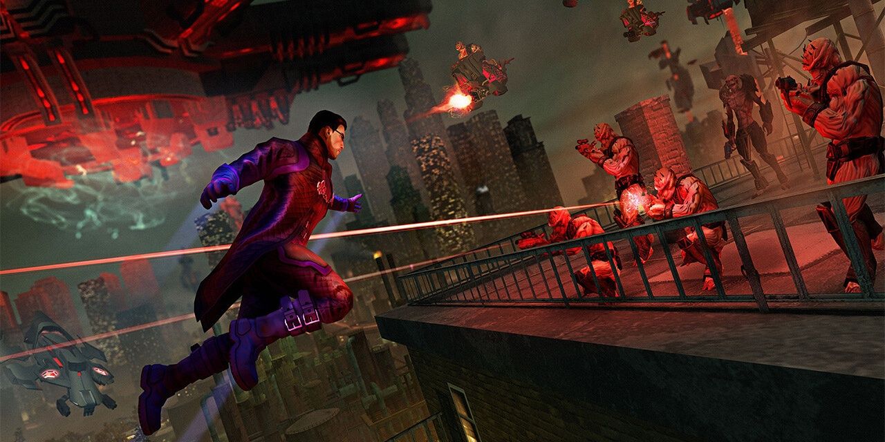 The player character hovering towards a horde of aliens that are shooting at them from a balcony while a UFO hovers in the background in Saints Row 4