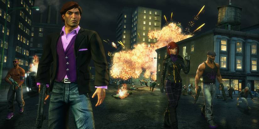 The Boss and many characters walking away from an explosion in Saints Row The Third