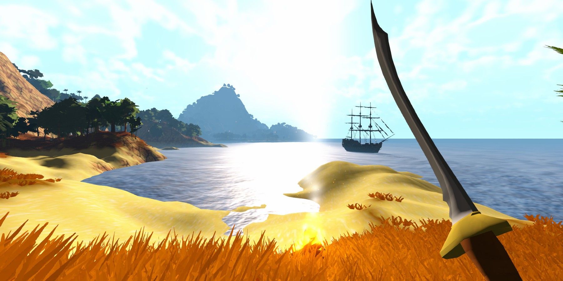 Jugabilidad del barco de sal del jugador en primera persona sosteniendo una espada en la costa con agua brillante y un barco
