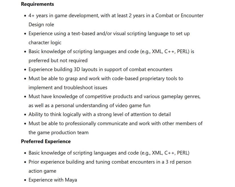 A screenshot of a job listing at Santa Monica Studios that calls for a Senior Encounter Designer.