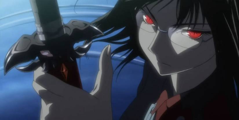 woman with black hair and red eyes holds a sword