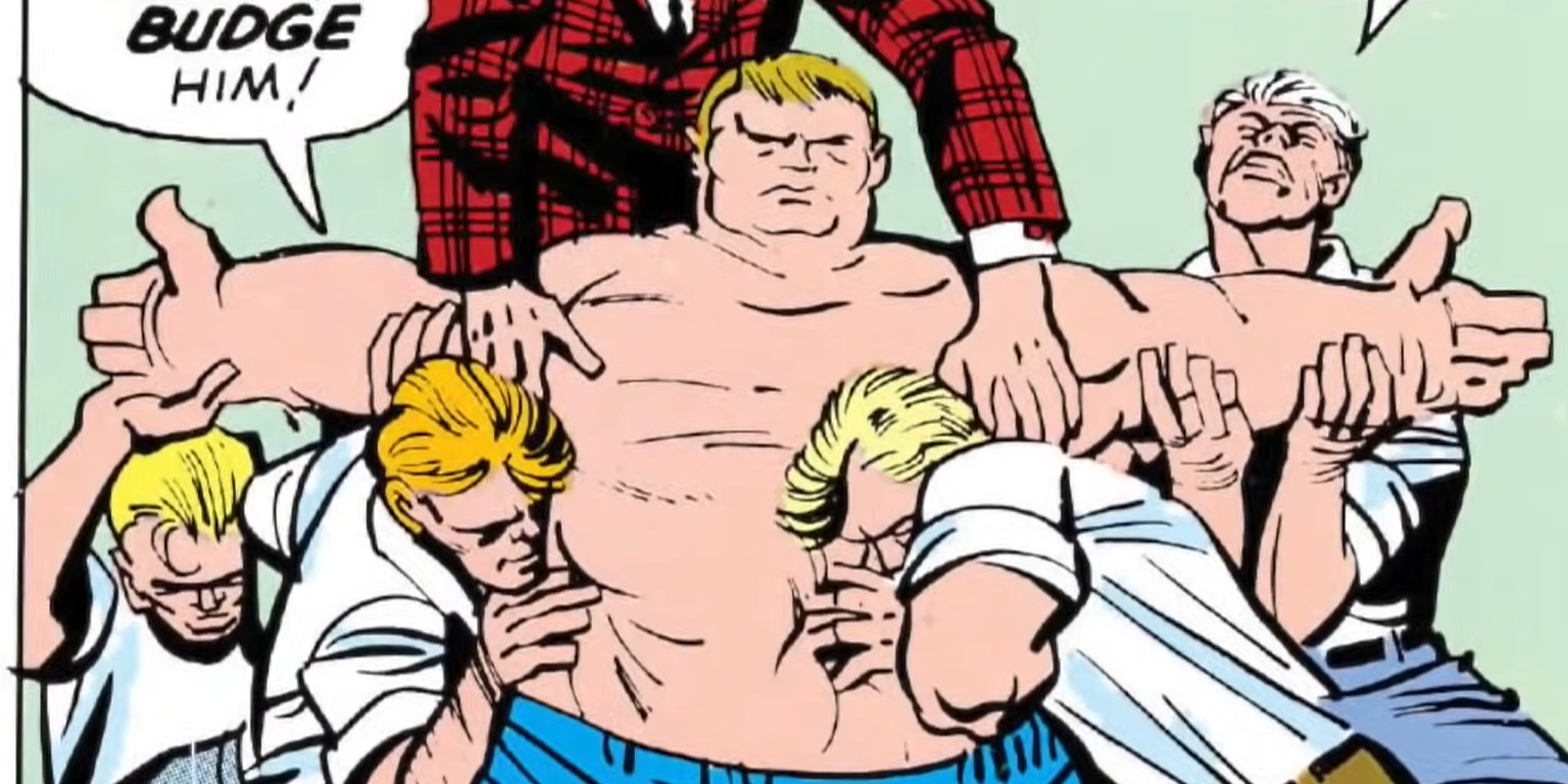 An image of several characters trying to hold Blob down