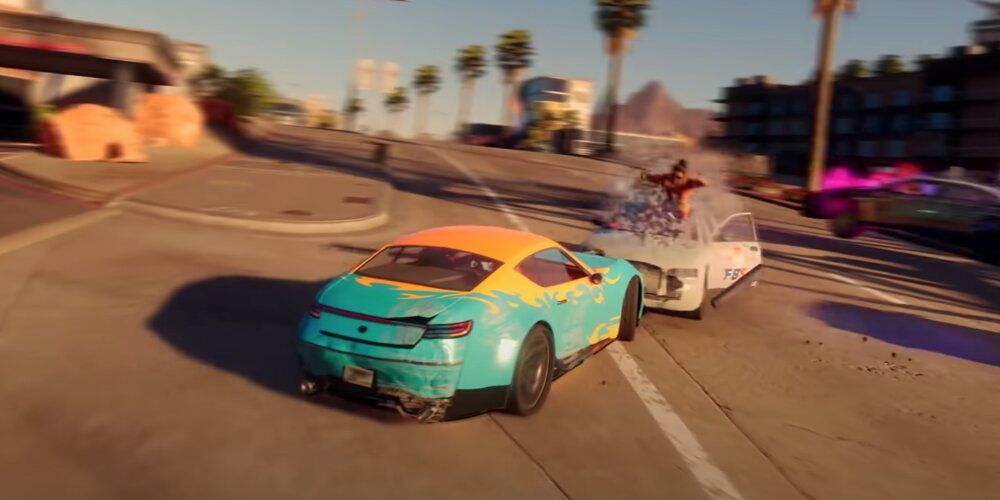 Blue And Yellow Car Crashing Into Another Vehicle Saints Row 2022