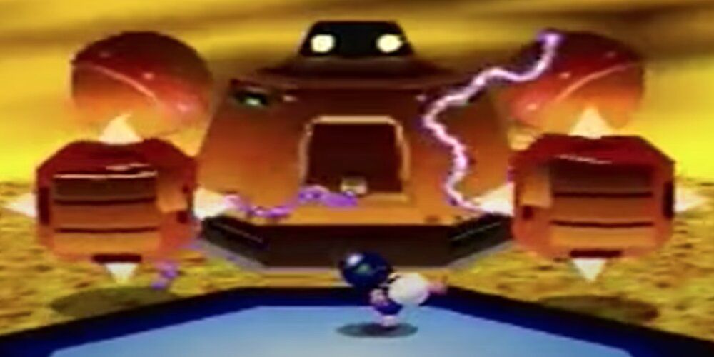 Bomberman Standing In Front Of A Gigantic Robot