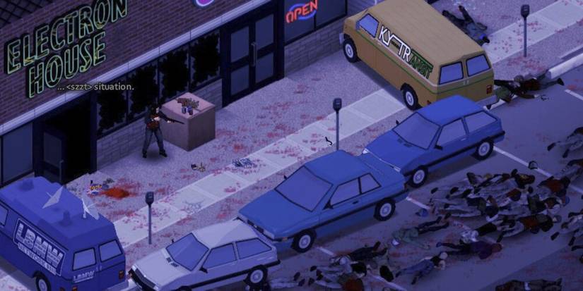 Man Aiming A Rifle At Zombies Behind A Row Of Cars
