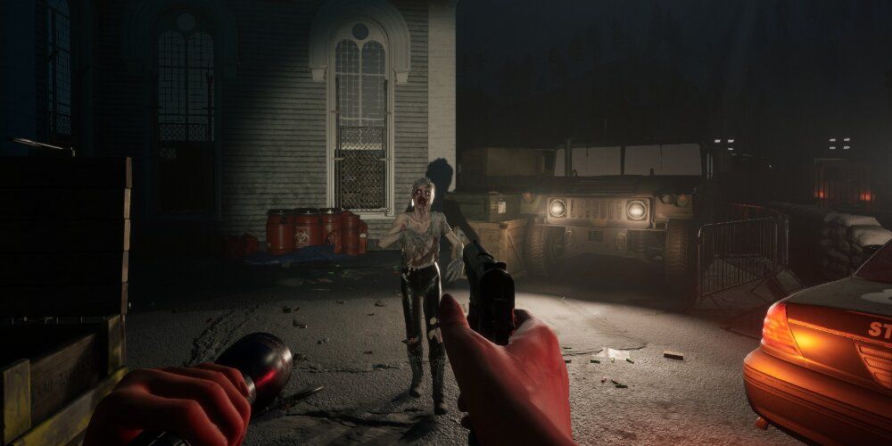 Player Aiming A Pistol And Flashlight At A Zombie