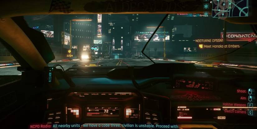 V Driving Through Dogtooth With Bright Neon Signs In The Background in Cyberpunk 2077: Phantom Liberty 